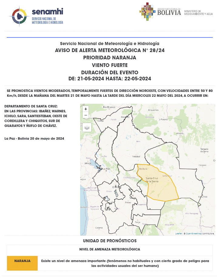 Activan alerta naranja para nueve regiones de Santa Cruz por vientos ...