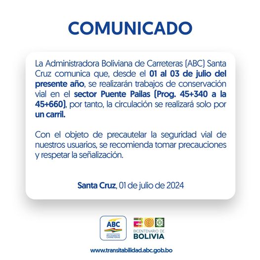 Restricción de tránsito vehicular por el puente Pailas de Santa Cruz