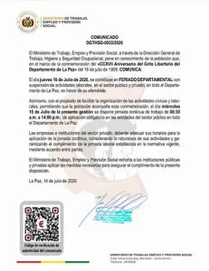 La Paz tendrá jornada continua este miércoles y feriado departamental el jueves (10:01)