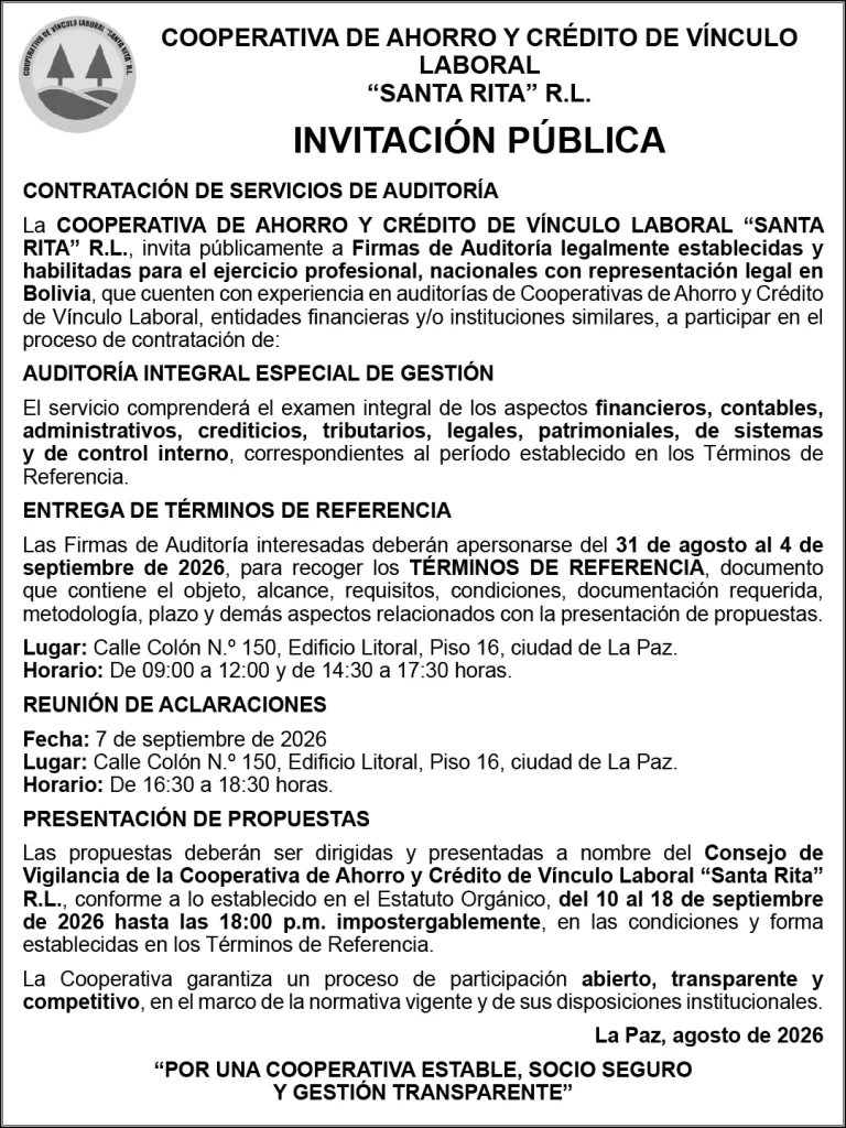 «SANTA RITA» R.L. – INVITACION PUBLICA