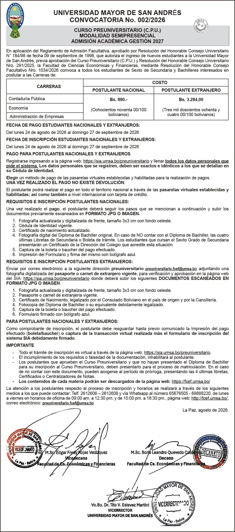 UMSA – FACULTAD DE ECONOMIA – CURSO PREUNIVERSITARIO