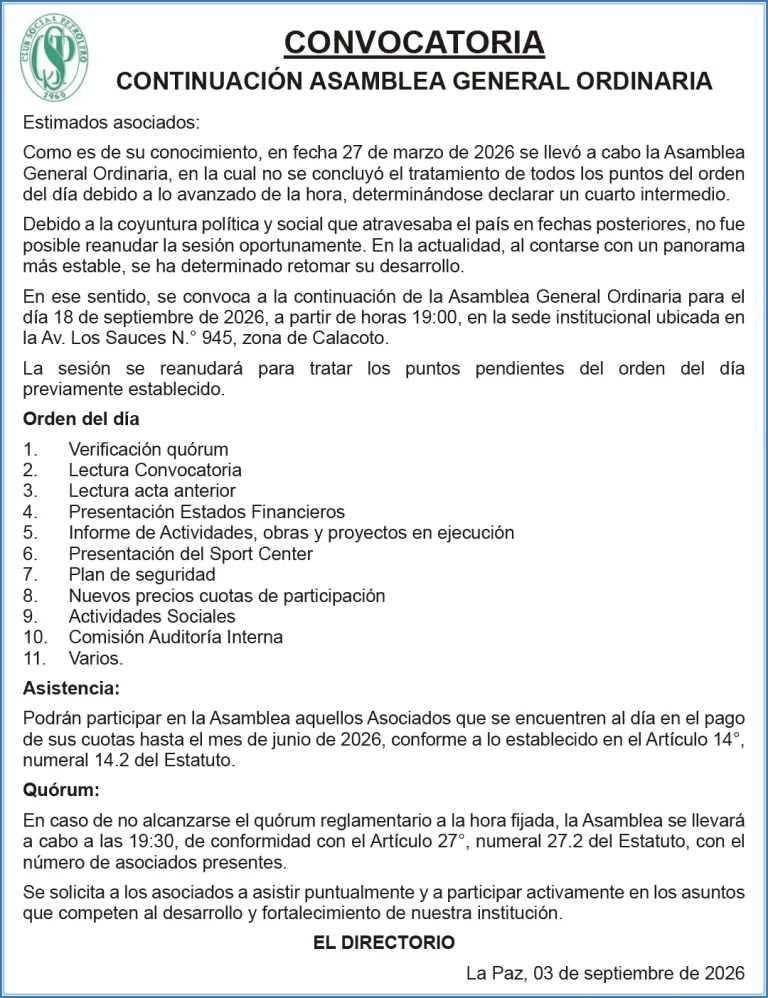 CLUB SOCIAL PETROLERO – Convocatoria