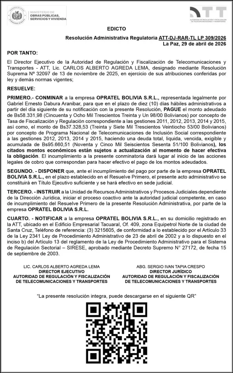 Resolución Administrativa Regulatoria ATT-DJ-RAR-TL LP 309/2026
