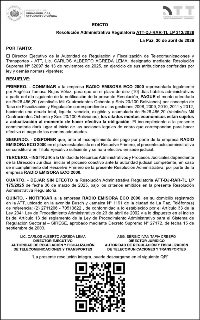 Resolución Administrativa Regulatoria ATT-DJ-RAR-TL LP 312/2026
