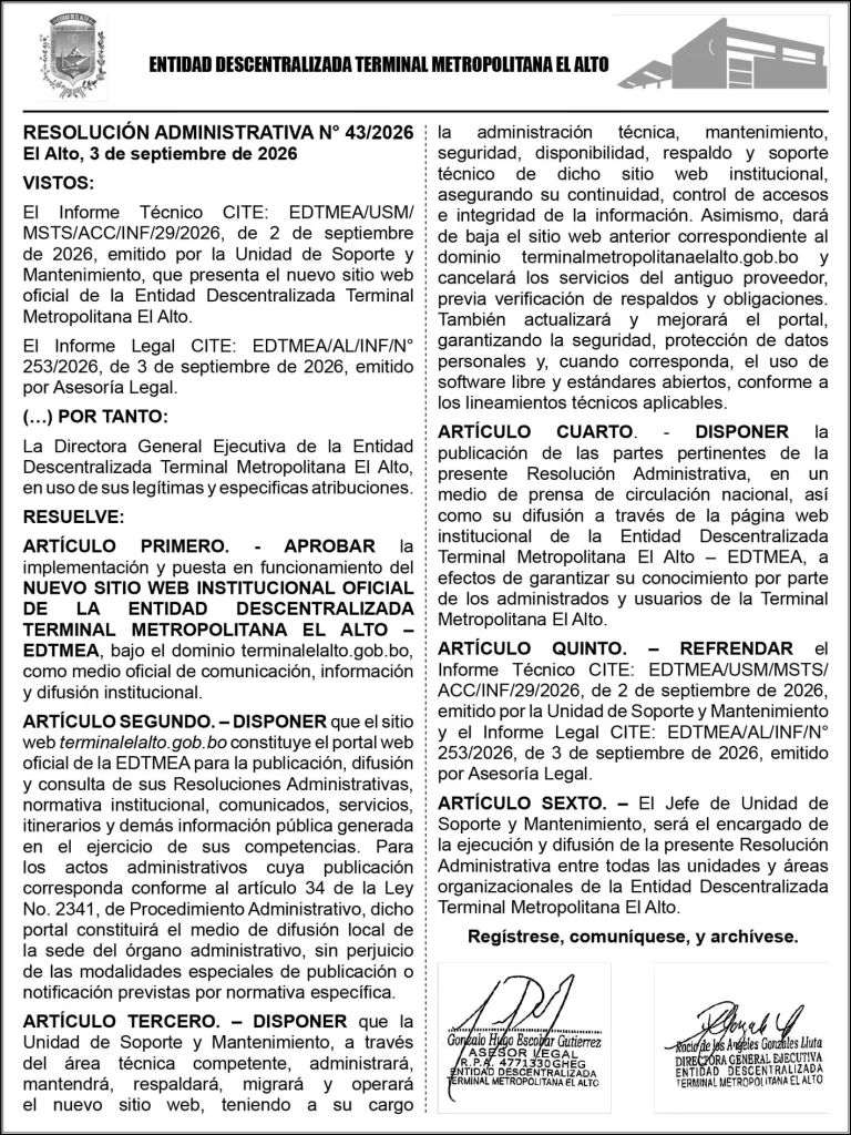 ENTIDAD DESCENTRALIZADA TERMINAL METROPOLITANA EL ALTO